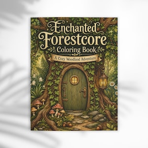 May include: A coloring book titled Enchanted Forestcore Coloring Book: A Cozy Woodland Adventure. The cover features a green wooden door set into a large tree trunk, surrounded by mushrooms, foliage, and a hanging lantern in a forest setting.