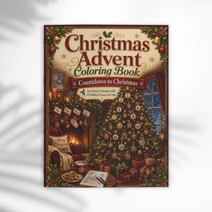 Peut inclure: Un livre de coloriage de l'Avent de Noël avec le texte Countdown to Christmas et An Advent Calendar with 24 Holiday Scenes to Color. La couverture montre un sapin décoré avec des ornements numérotés, des chaussettes, des cadeaux et une cheminée.