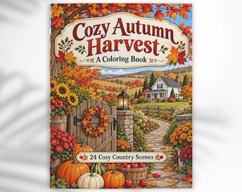 Puede incluir: Un libro para colorear titulado Cozy Autumn Harvest con 24 Cozy Country Scenes. La ilustración de la portada muestra una casa blanca, un camino de piedra, una puerta de madera con una corona, calabazas y follaje otoñal en tonos naranja, rojo y amarillo.