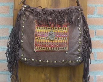 Dark brown western crossbody, distressed leather boho fringe bag