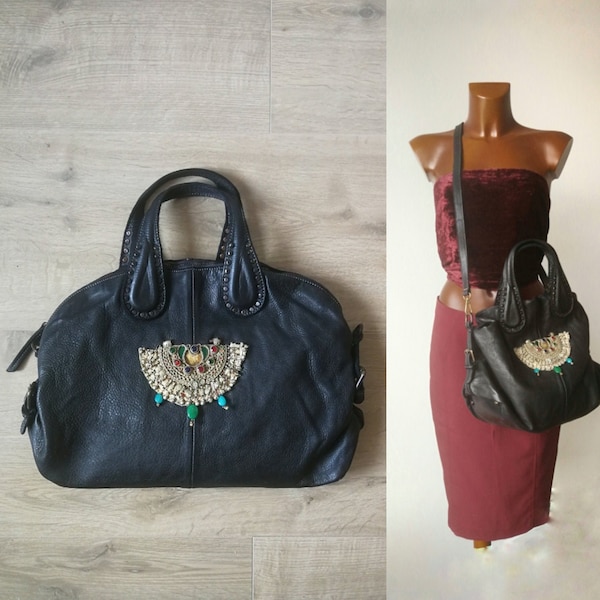 Ethnic black leather bag with studs and vintage Afghan decoration, aged leather bag handmade in Italy and embroidered Bohochic style