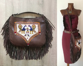 Large distressed brown leather bag, fringed ethnic crossbody with Banjara beaded decor, gift for bohemian women Ibiza festival style