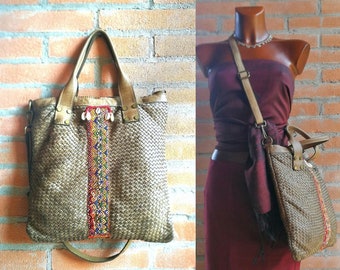 Dark taupe woven leather bag for women, Vintage ethnic style with Indian embroidery and shells