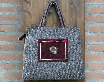 Harris tweed bag in grey herringbone fabric, embellished with ethnic decor