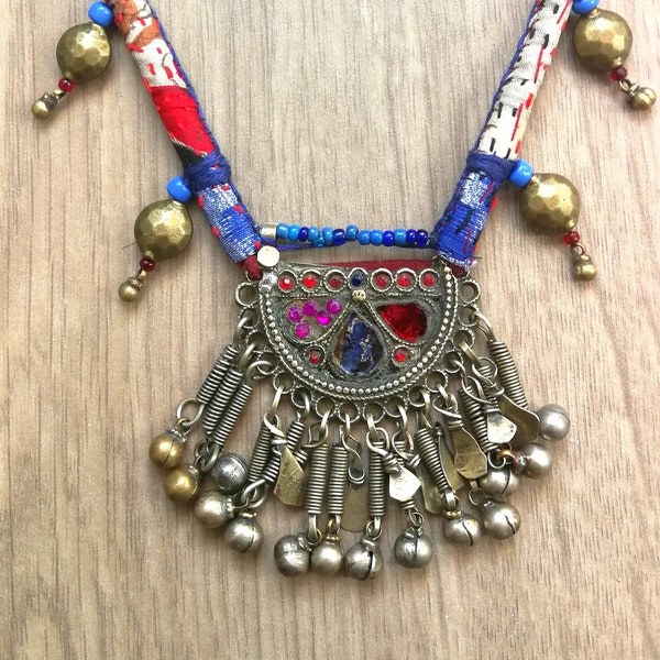 Boho necklace for women, tribal necklace made of kantha silk fabric and banjara Indian pendant