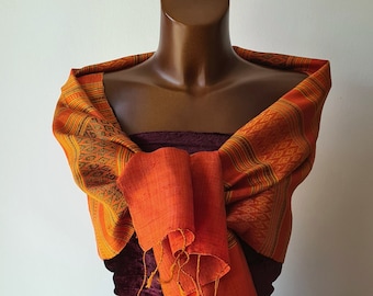 Lightweight exotic scarf for spring handmade in Laos with ethnic designs gift for mom, boho chic orange and green embroidered scarf