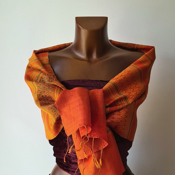 Lightweight exotic scarf for spring handmade in Laos with ethnic designs gift for mom, boho chic orange and green embroidered scarf