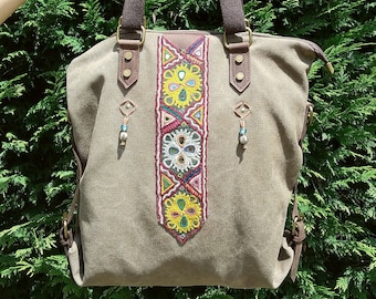 Leather and fabric mud color tote bag with banjara embroidery