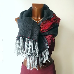 Grey and red winter stole in pure wool tweed with paisley, patchwork scarf in Italian and Indian fabrics, hand embroidered with fringes