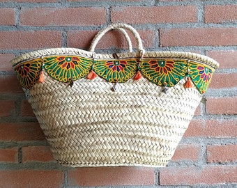 Embellished french basket, summer beach straw bag Ibiza