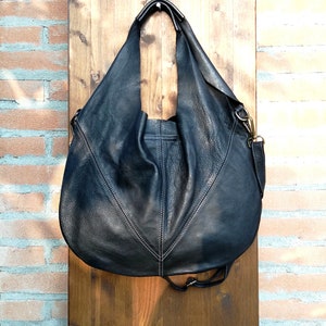 Black shoulder leather bag, with vintage patina, large hobo bag in soft leather