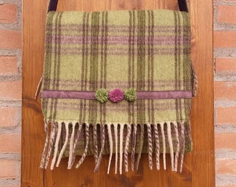 Gift Idea, wool vegan crossbody bag, green and purple scottish pattern