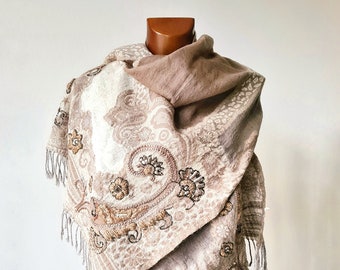 Beige Oversize Ethnic Indian Handmade Scarf Personalized with Embroidered Flowers, Gift for Mom with Paisley in Bohochic Ibiza Style