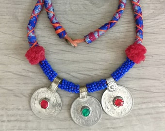 Ethnic cloth choker with kuchi coins, pom pom eperline, embroidered and extravagant Bohochic necklace for hippie girl