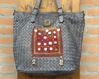 Woven leather tote bag with Banjara patch, grey and burgundy distressed handbag