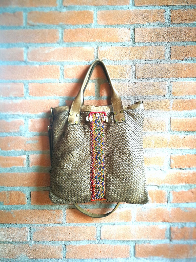 Dark Dove Colored Woven Leather Bag For Women Vintage Ethnic Style With Indian Embroidery And Ss - Woven Leather Bags India Dark Dove Colored Woven Leather Bag For Women Vintage Ethnic Style With Indian Embroidery And Ss - Woven Leather Bags India