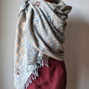 Indian ethnic handmade gypsy chic wrap shawl, light blue beige pastel colors scarf for trendy men and young mothers, with fringes image 2