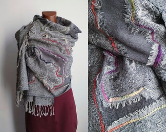 Wide and light woven wool scarf in light gray Indian wool with fringes and colorful embroidery, romantic gypsy stole gift for mother