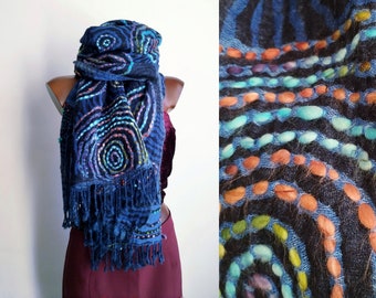 Handcrafted 100% wool stole hand-embroidered with spirals, large and enveloping winter scarf for women and men, bohemian ethnic style