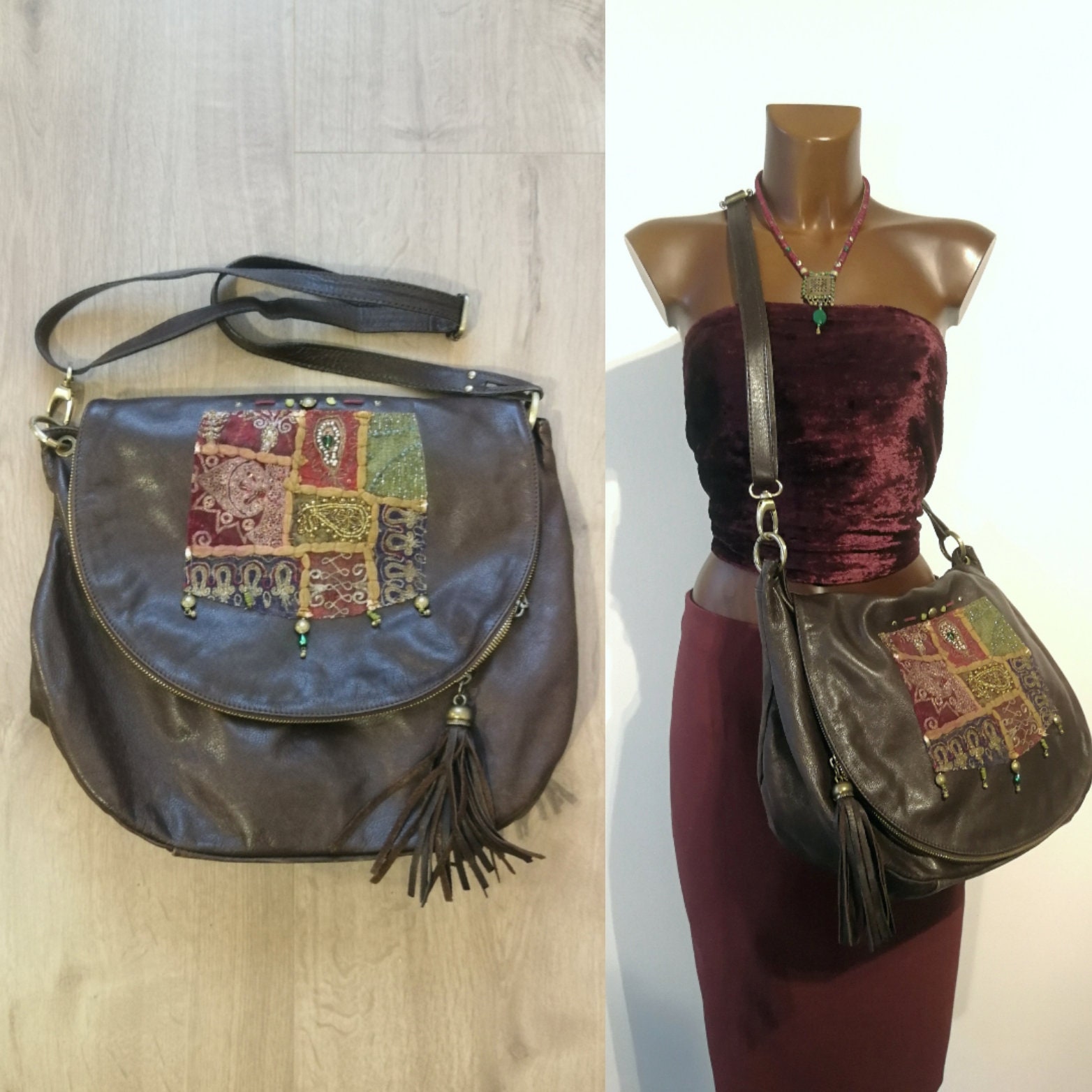Bohemian Chic Ethnic Bag in Soft Italian Leather Vintage Style