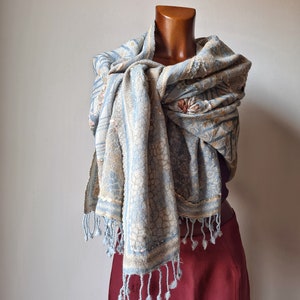 Indian ethnic handmade gypsy chic wrap shawl, light blue beige pastel colors scarf for trendy men and young mothers, with fringes image 3