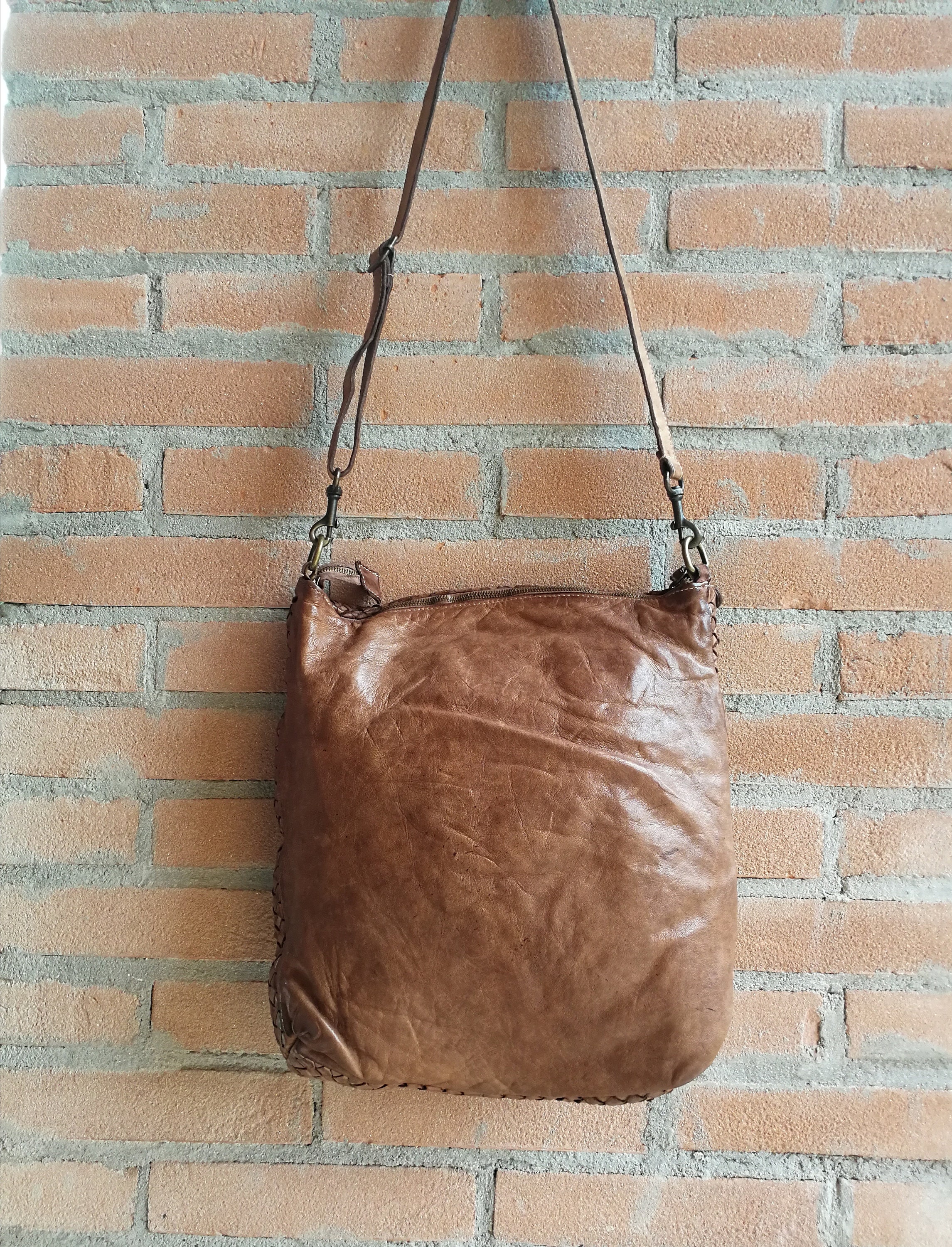 Sac Bandoulière En Cuir Africain Fait Main - Style Bohème Chic, Beige, Occasion