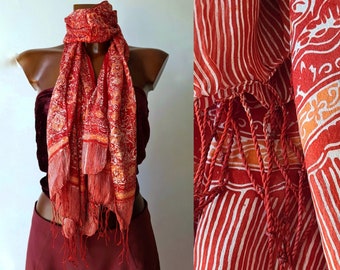 Ethnic silk scarf batik block print, pasmina vintage style red and orange handmade in Bali with fringes, boho chic band