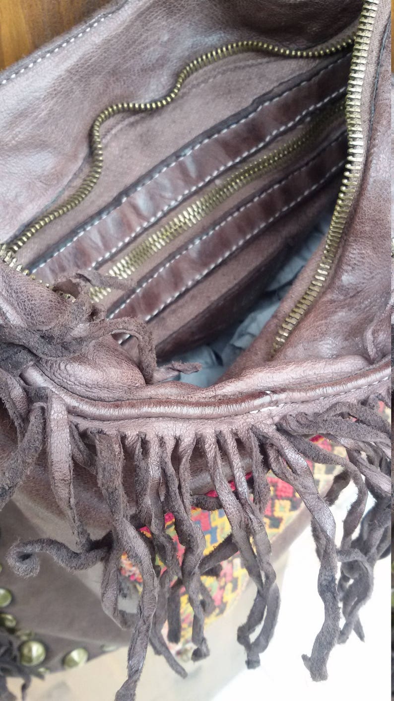 Dark Brown Western Crossbody Distressed Leather Boho Fringe Etsy