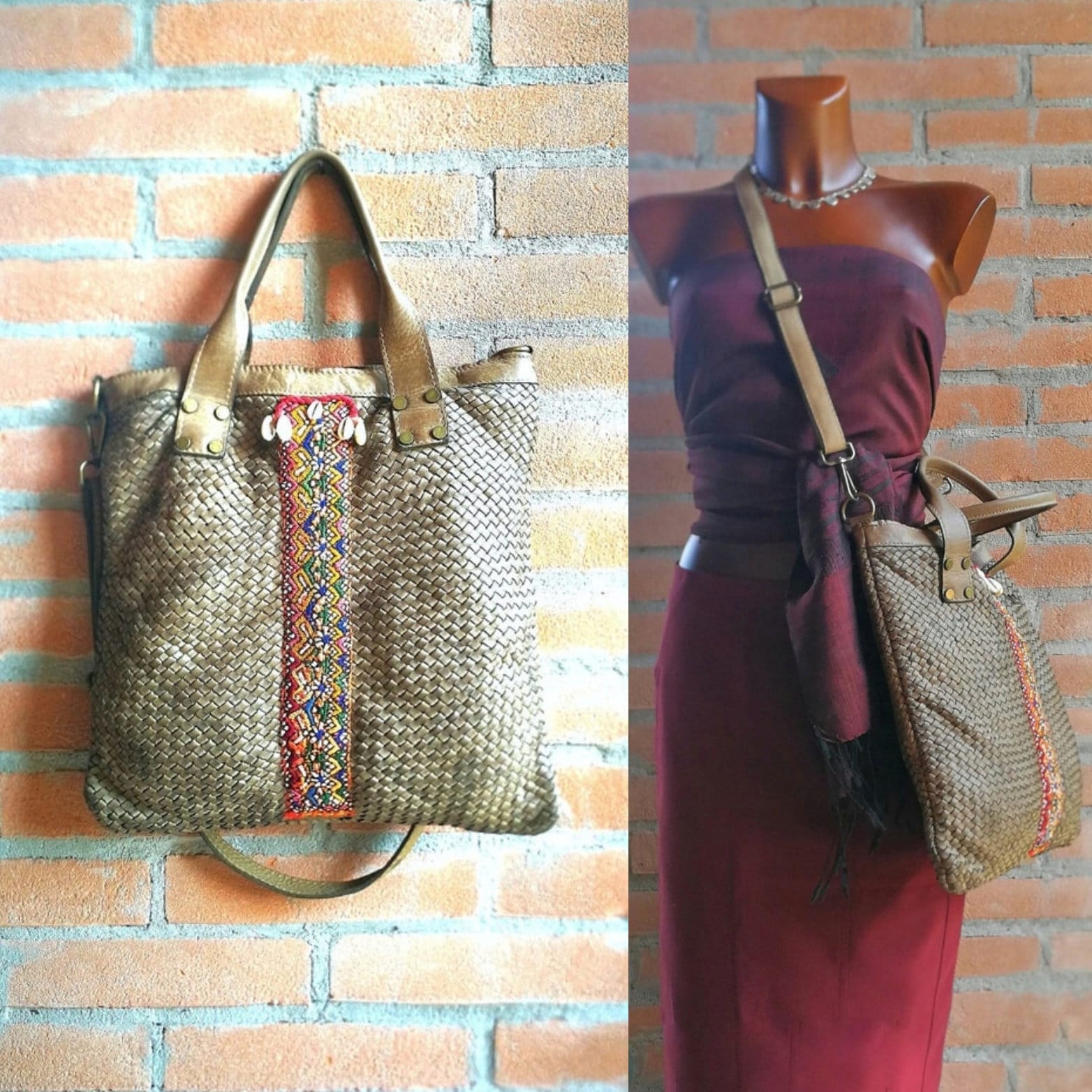 Brown Vintage Leather Crochet Bag Woven Bag Tote