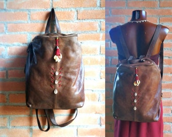 Trendy backpack for woman, dark brown italian vegetable tanned leather ethnic rucksack