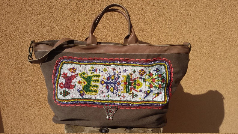 Big canvas bag, travel bag with beaded Banjara embroidery image 1