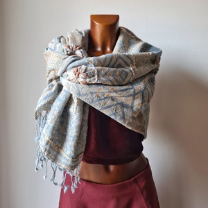 Indian ethnic handmade gypsy chic wrap shawl, light blue beige pastel colors scarf for trendy men and young mothers, with fringes image 4