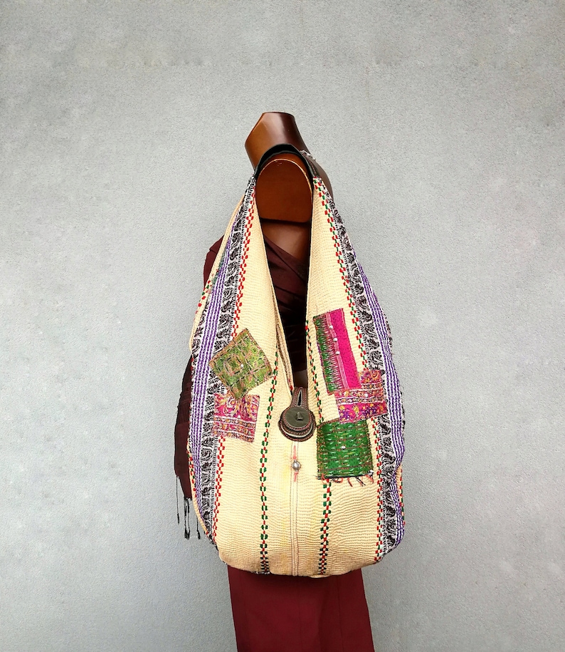 Unlined Hobo Bag in Indian Kantha Cotton With Internal Pocket and Silk
