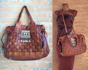 Large ethnic brandy woven leather bag with zipper and adjustable shoulder strap