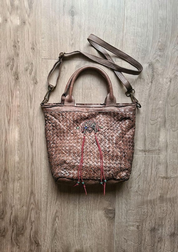 Boho Chic Italian Braided Leather Handbag, Vintage Inspired Bag