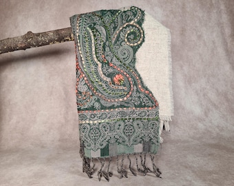 Beige and green wool scarf with handcrafted embroidery, unisex boho chic stole in pure Italian and Indian wool, original winter gift idea