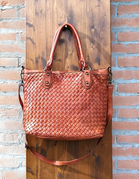 Tote Bag With Shoulder Strap In Cognac Color Braided Italian - Valentina Woven Leather Bag Tote Bag With Shoulder Strap In Cognac Color Braided Italian - Valentina Woven Leather Bag