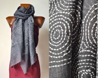 Indian cashmere pashmina 100 x100 ultra fine and thin, elegant scarf for dark gray ceremonies with white embroidery, gift for mother