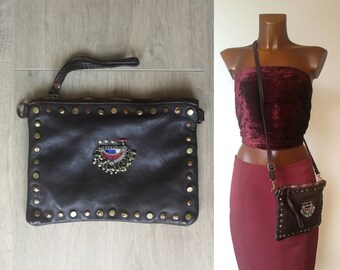 Distressed leather clutch, vintage style crossbody made in Italy