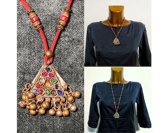 Red Exotic Ethnic Necklace with Old Triangular Indian Tribal Pendant, Ibiza & Coachella Festival Wear Extravagant Necklace