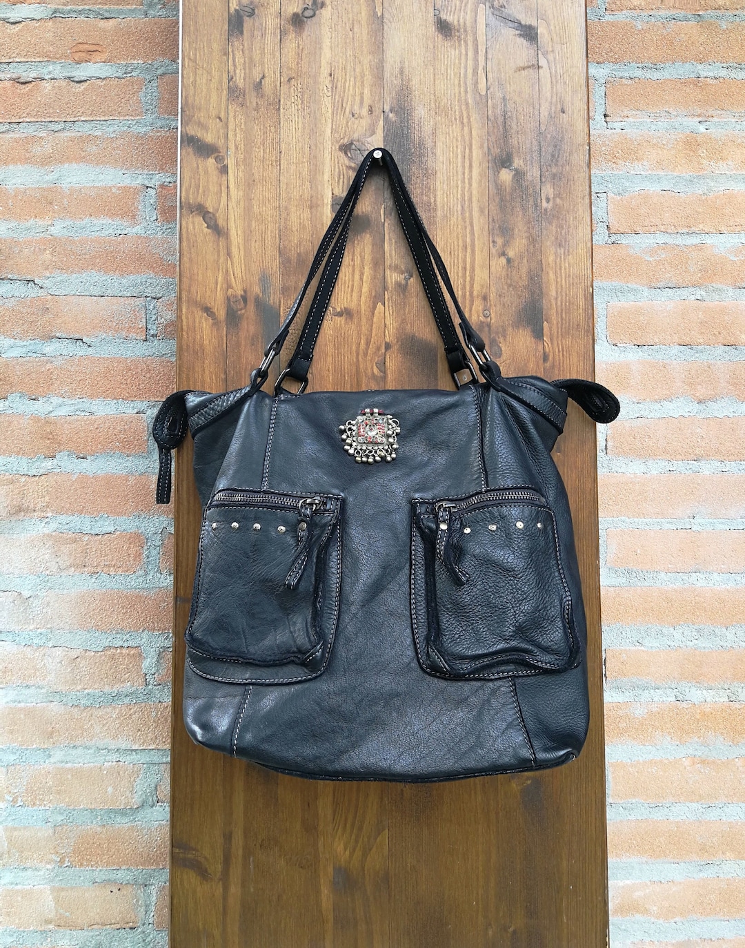 Black Leather Tote Bag With Handles and Pockets, Studded and