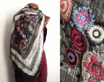 Large black and gray Indian wool ethnic scarf embroidered with colorful flowers for winter, extravagant gypsy clothing for girl