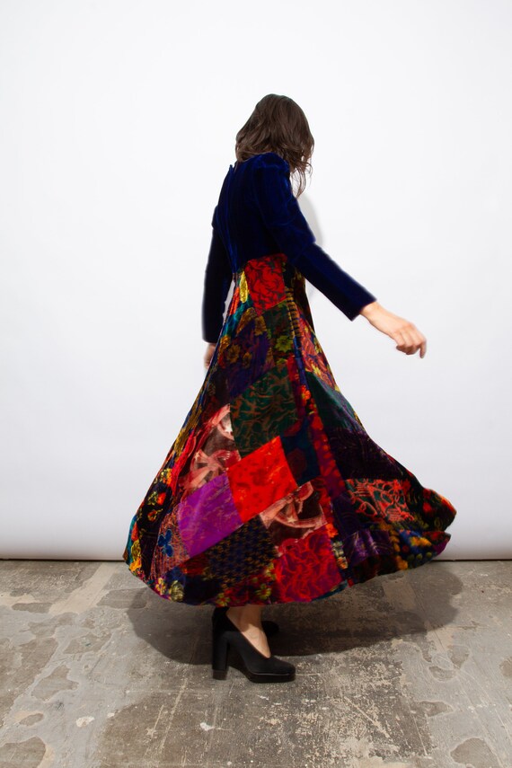 1970s Floral patchwork and sapphire blue velvet maxi … - Gem