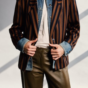 Marinebruine gestreepte blazer uit de jaren 80