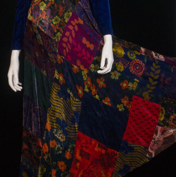 1970s Floral patchwork and sapphire blue velvet maxi … - Gem