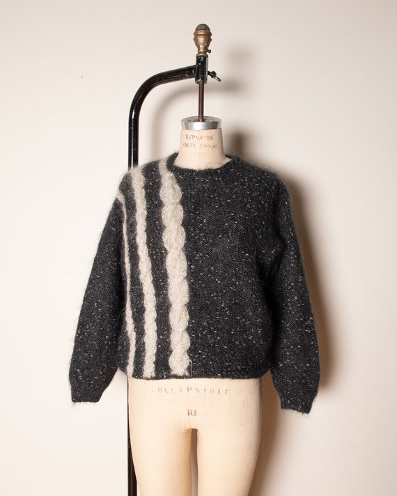 Flecked Grey Mohair HAndknit Sweater With  White … - image 2