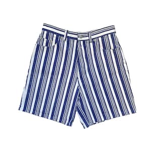 90s Striped High Waist Shorts | Waist 26/27" | Navy and White Nautical Striped Denim Shorts
