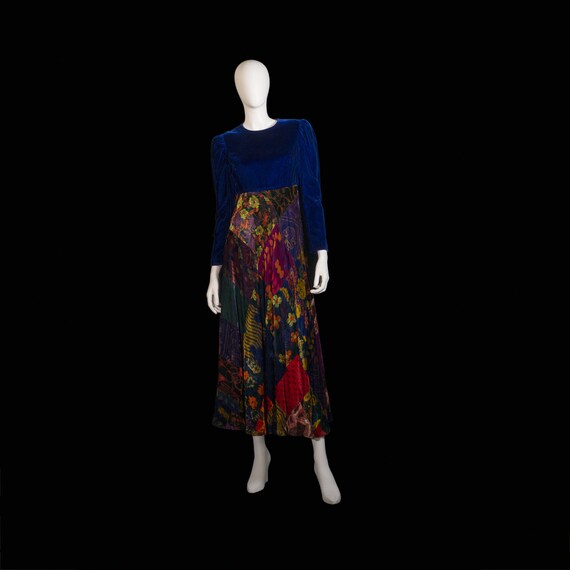 1970s Floral patchwork and sapphire blue velvet maxi … - Gem