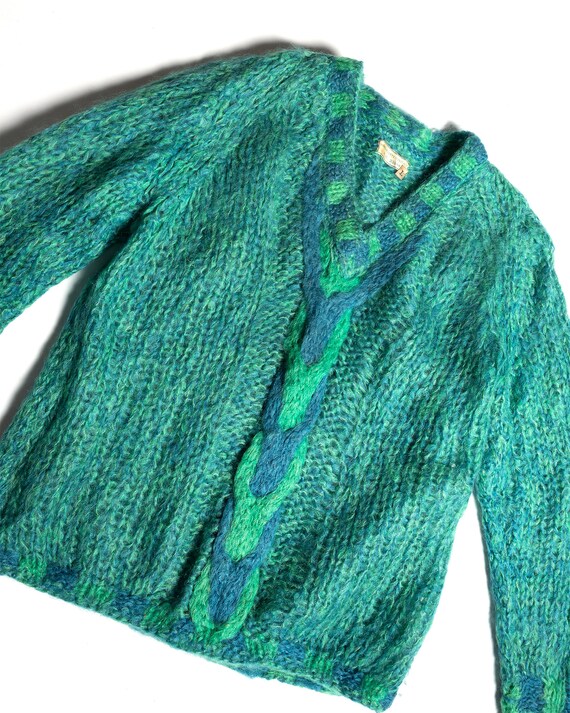 1960s Aqua Blue green Italian  Mohair Vneck Cable… - image 3