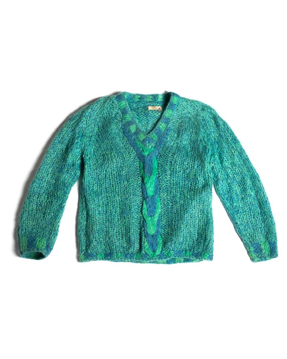 1960s Aqua Blue green Italian  Mohair Vneck Cable… - image 1